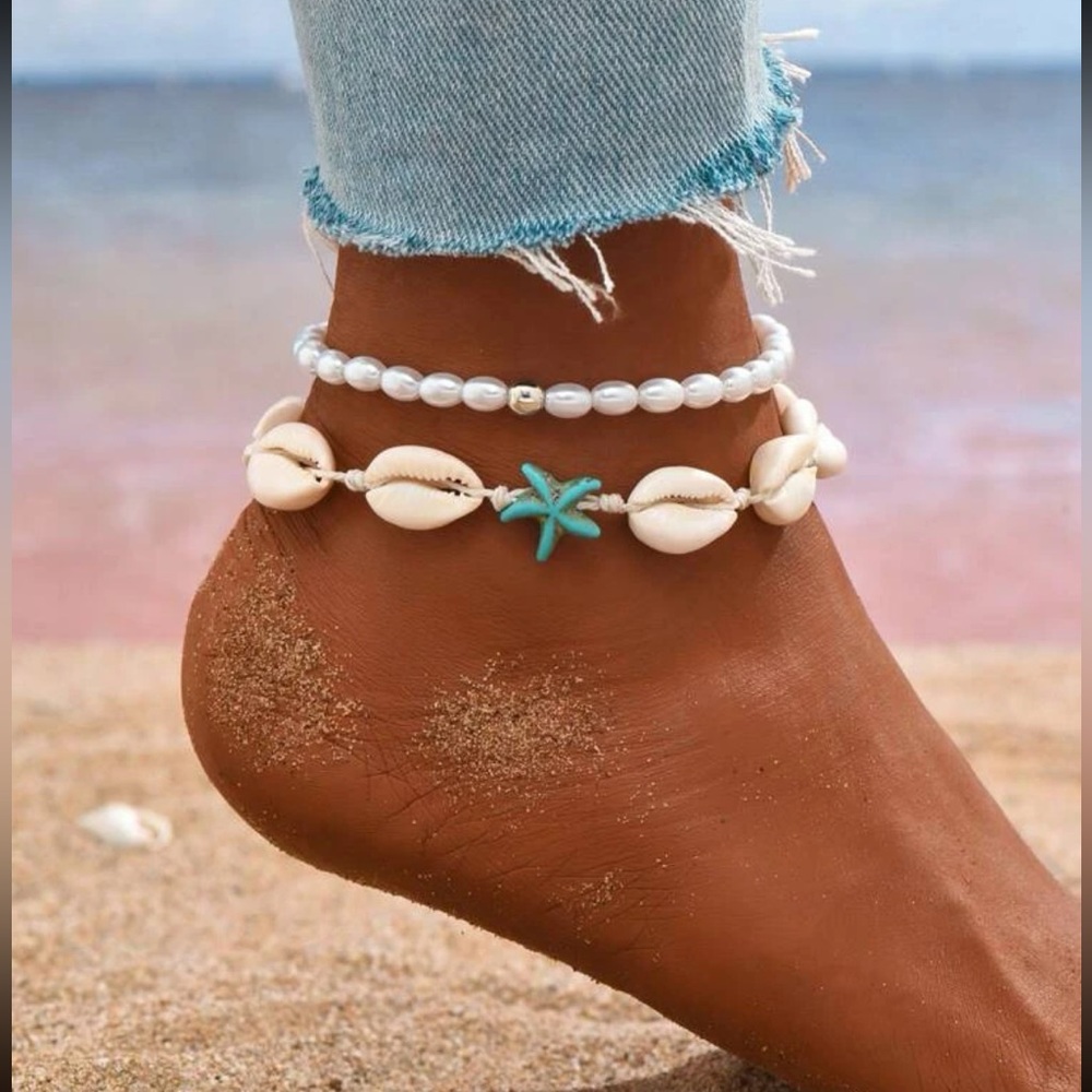 Bohemian White Shell & Starfish Anklet Set